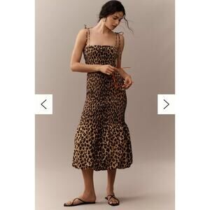 SIMONMILLER Canto Smocked Poplin Dress in Leopard Print Adustable Straps Sz S